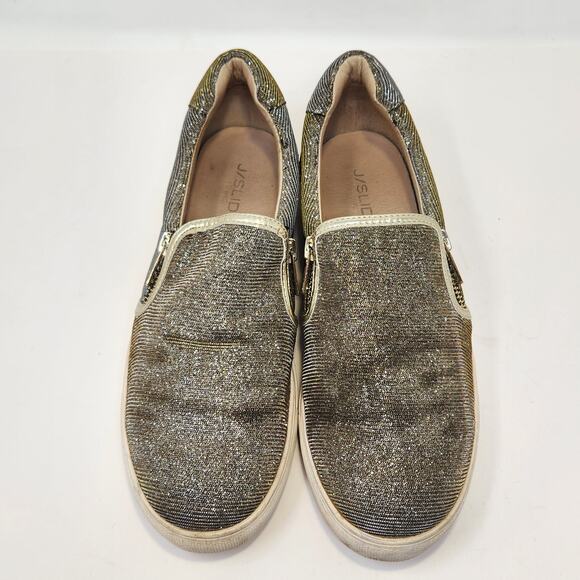 J Slides NYC Metallic Slip On Sneakers Size 9 Zipper Details Gold Silver Casual - Picture 2 of 9